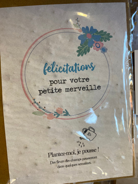 Carte à planter. Félicitations pour votre petite merveille.